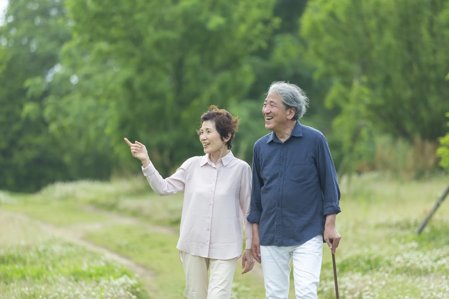 公園を並んで歩くご年配のご夫婦